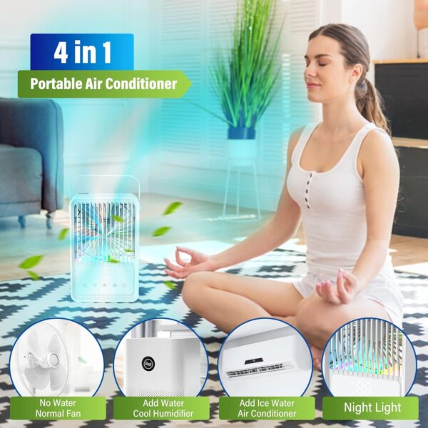 Portable Air Cooler, 3-in-1 Evaporative Air Cooler, 600ML Water Tank Portable Air Conditioner, 3 Wind Speeds &2 Mist Modes, 7 Colors Light &1-8H Timer Personal Cooling Fan for Room Home Office Outdoor - Image 4