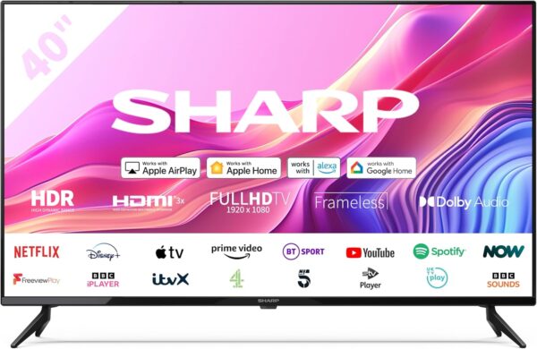 SHARP 40FD6K 40-Inch Full HD Smart Frameless Roku TV™ in Black with Active Motion 200, HDR10 Support, Freeview Play, Pre-Installed Apps, 3x HDMI & 1x USB - Image 2