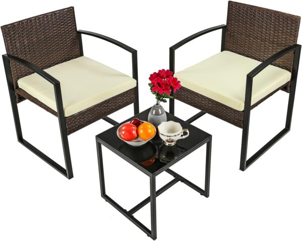 Taylor & Brown 3 Piece Bistro Set, Patio Rattan Furniture Set with Tempered Glass Coffee Table and Cushioned Chairs, Outdoor Wicker Conversation Sets for Garden Balcony Backyard Poolside (Brown/Beige) - Image 3