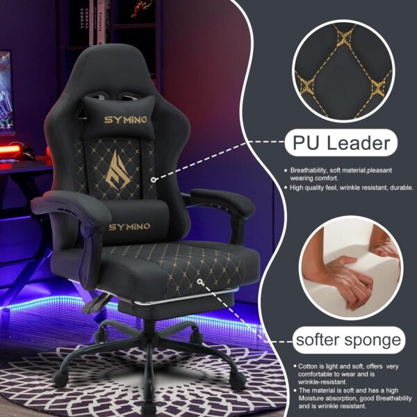 Symino Gaming Chair with Footrest, Computer Ergonomic Video Game Chair, Adjustable Swivel Task Chair with Lumbar Support, PC Chair, Office Chair PU Leather, Black - Image 5