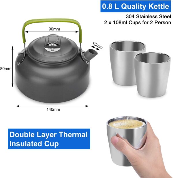 Odoland Camping Cooker Pan Set Aluminum Camping Cookware Kit for 2 People, Portable Outdoor Pot Pan Stove Kettle 2 Cups and Tableware - Backpacking Cookware for Picnic Trekking and Hiking - Image 5