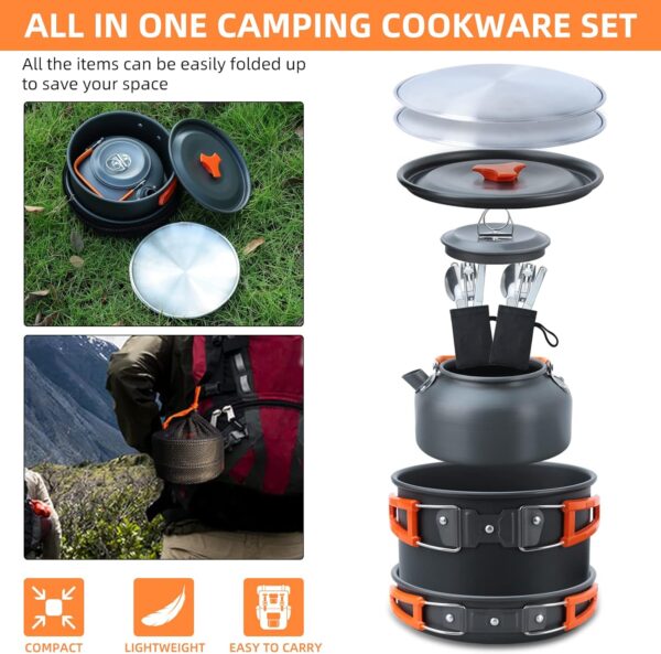 Lixada Camping Cookware Kit, 16pcs Camping Pot Camping Pan Camping Kettle with Stainless Steel Plates Forks Knives Spoons for Outdoor Cooking and Picnic for 1-2 People - Image 3