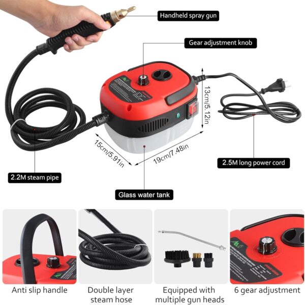 Steam Cleaners, 2500W Handheld Steam Cleaner, Handheld High Temp Portable Steamer Cleaning Machine with 3 Brush Heads, Steamer for Cleaning Grout Tile Car Living Room Kitchen Bathroom (Red) - Image 3