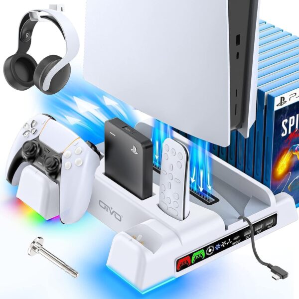 PS5 / PS5 Slim Stand and Cooling Station with RGB LED Controller Charging Station for Playstation 5 Console, 2H Fast PS5 Controller Charger, PS5 Accessories with 3 Levels Cooling Fan/Headset Holder - Image 2