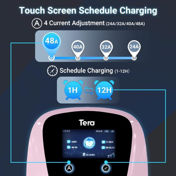 Tera Electric Vehicle Charger for Tesla: J1772 EVs ETL Certified Level 2 48 40 Amp 240 Volt Tesla Home EVSE with Manual Setting Amps Schedule on Unit NEMA 14-50 25 FT Cable W01 Pink - Image 3