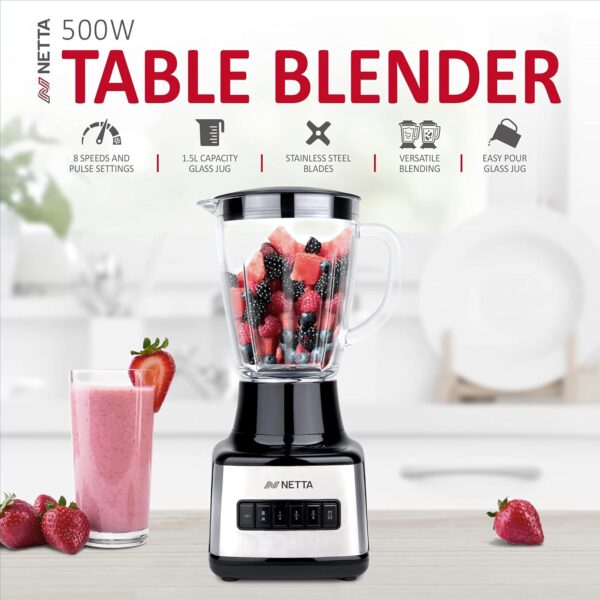 NETTA Table Blender - Smoothie Maker with Glass Jug - Electric Jug Mixer and Grinder - 8 Speed Settings, 500W - Ideal for Liquidisers, Milkshake, Ice Crusher, Smoothies, Fruit Juice, Protein Shake - Image 3