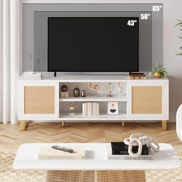 IDEALHOUSE Rattan TV Stand for 65 Inch TV, White Entertainment Center Modern TV Console Table, Low TV Stand with Storage, Doors and Shelves, TV Console Media Cabinet Furniture for Living Bedroom - Image 6