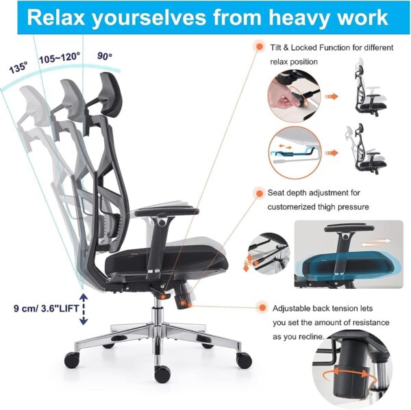 HOLLUDLE Ergonomic Office Chair with Adaptive Backrest, High Back Computer Desk Chair with 4D Armrests, Adjustable Seat Depth, Lumbar Support and 2D Headrest, Swivel Task Chair, Black - Image 8