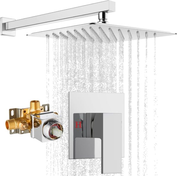 gotonovo Wall Mounted Chrome Polished Shower System Set with 10 inch Square Shower Head with Single Handle with Single Function Shower Trim Kit with Pressure Balance Rough-in Brass Valve(Male Thread) - Image 2