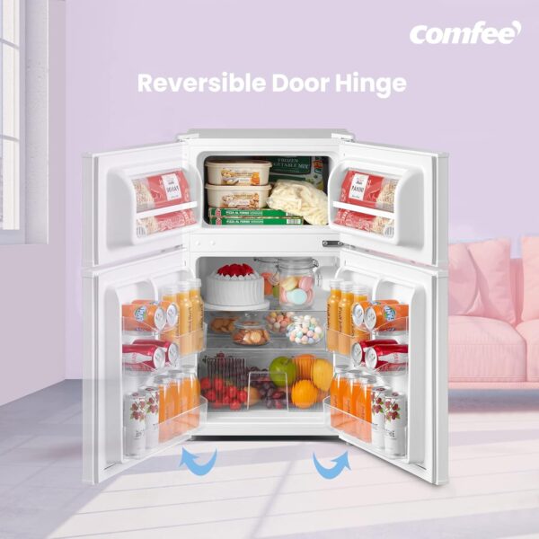 COMFEE' RCT87WH2(E) Under Counter Fridge Freezer, 87L Small Fridge Freezer with Light, Removable Shelves, Adjustable Thermostats, Reversible Doors,White - Image 5