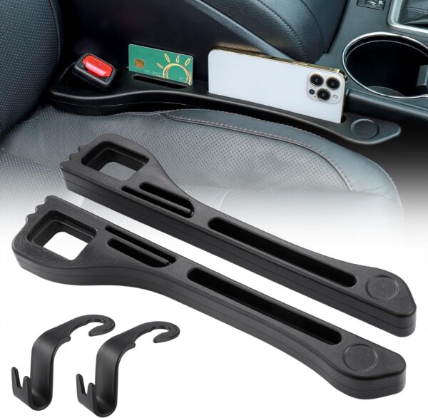 Zocipro 2Pcs Car Seat Gap Filler Leakproof Plugging Strips, Universal Faux Leather Car Gap Filler Organiser with 2 Car Seat Hooks, Prevents Falling Items, Wipeable Waterproof (Black) - Image 2