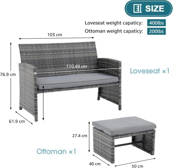 OC Orange-Casual Outdoor Loveseat, Wicker Patio Furniture Set with Ottoman, Rattan Conversation Set with Cushion, for Balcony, Porch, Garden - Image 7