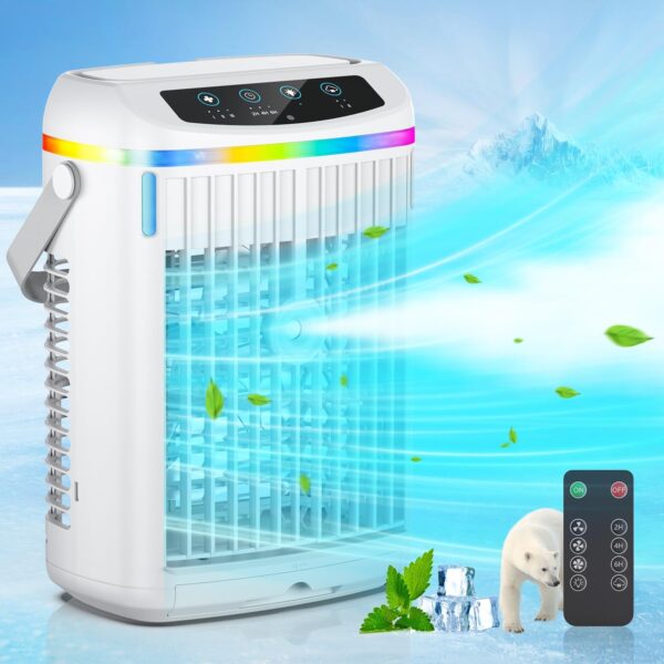 Portable Air Conditioner with Remote, 7 Colored Lights, 4 in 1 Mini Portable Air Cooler with 3 Speeds, Auto-off Timer 6H, Ideal for Home/Bedroom/Dorm/Office - Image 2