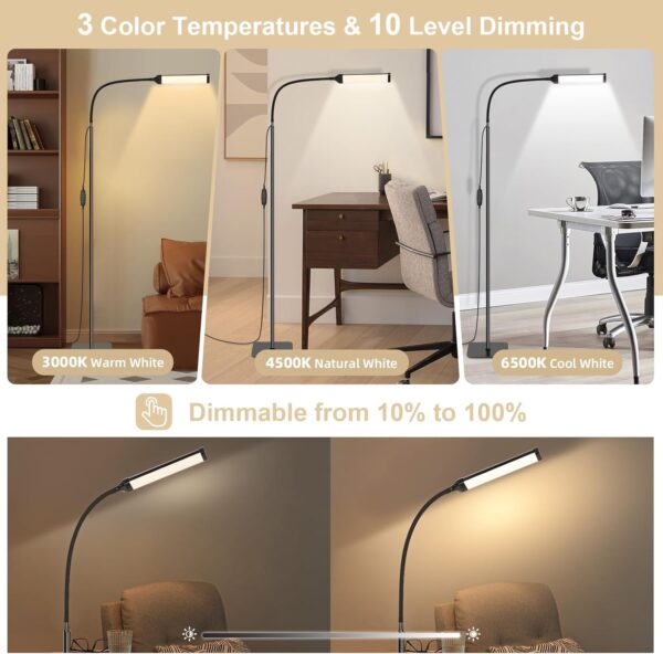 LED Floor Lamp Bright Floor Light, Dimmable Black Reading Floor Lamp, Adjustable Floorlamp,3 Color Temperatures LED Light Standing Lamps for Living Room Bedroom Office - Image 3