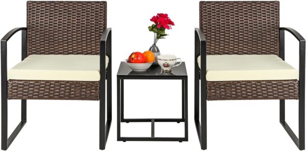 Taylor & Brown 3 Piece Bistro Set, Patio Rattan Furniture Set with Tempered Glass Coffee Table and Cushioned Chairs, Outdoor Wicker Conversation Sets for Garden Balcony Backyard Poolside (Brown/Beige) - Image 2