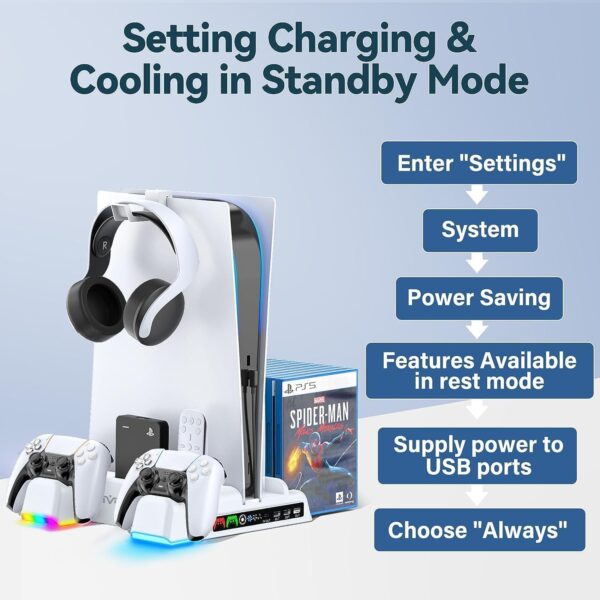 PS5 / PS5 Slim Stand and Cooling Station with RGB LED Controller Charging Station for Playstation 5 Console, 2H Fast PS5 Controller Charger, PS5 Accessories with 3 Levels Cooling Fan/Headset Holder - Image 7