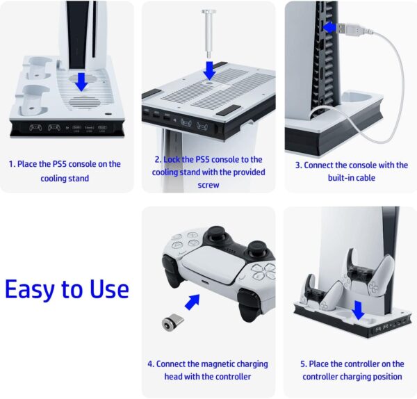 Mcbazel Vertical PS5 Cooling Charger Stand, Multifunctional LED Cooling Stand with Dual Controller Charging Station for PS5 Console UHD/Digitial Edition - White - Image 9