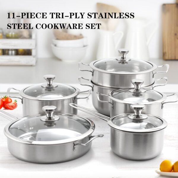 Stainless Steel Cookware Set, Wodillo 11-Piece Pots and Pans Sets with Lids, Induction Hob Pan Set for Healthy Cooking, Stay-Cool Handles, Easy to Clean, Suitable for All Stovetops - Image 3