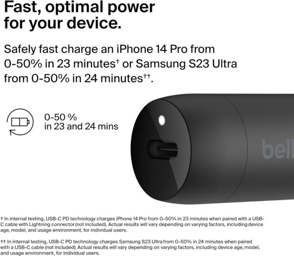 Belkin BoostCharge 30W Fast Car Charger, Compact Design with USB-C Power Delivery Port, USB Car Charger with Universal Compatibility for iPhone 15, 14, Samsung Galaxy S24, Note, Pixel and More - Black - Image 3