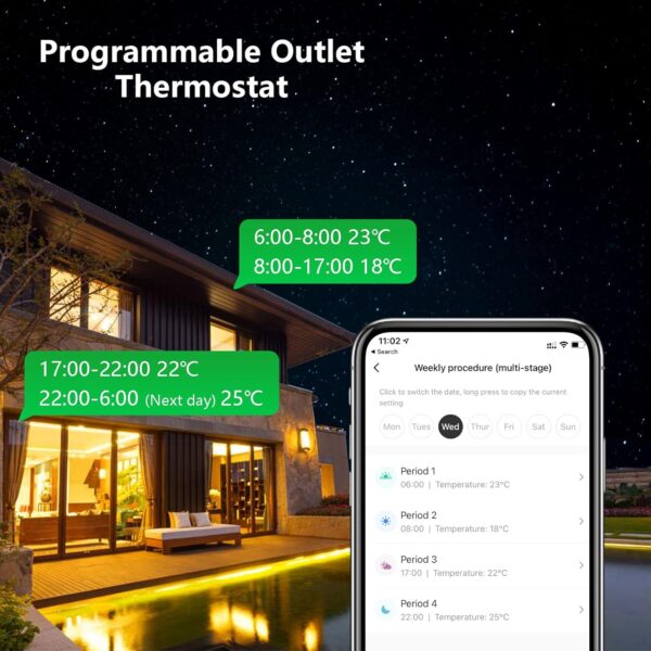 Vislone Programmable Smart Wifi Thermostat Plug Outlet Mini Temperature Controller 15A Plug-in Socket APP Control Voice Control Schedule Timer Electric Switch for Heating Cooling Appliances - Image 8