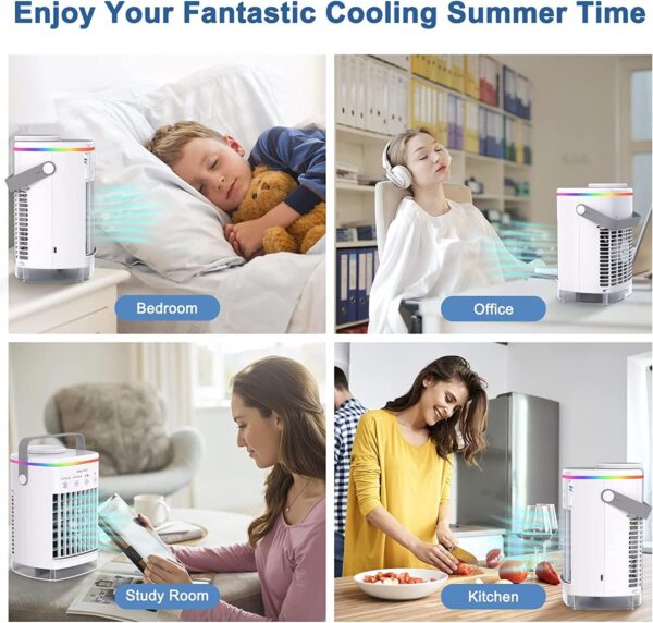 Joomouney Portable Air Cooler, 3-in-1 Air Cooler, Mini Air Conditioner With 4 Wind Speed & 7 Colour Lights & 700ml Water Tank&2-8H Timer, Personal Evaporative Air Cooler Fan for Home, Office, Bedroom - Image 8