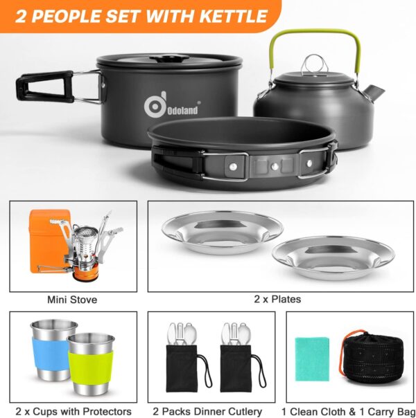 Odoland Camping Cookware Kit with Folding Camping Stove Suit 2 People, Non-Stick Pot Pan Kettle Set with Stainless Steel Cups Plates Forks Knives Spoons for Outdoor Cooking and Picnic for 2 People - Image 3