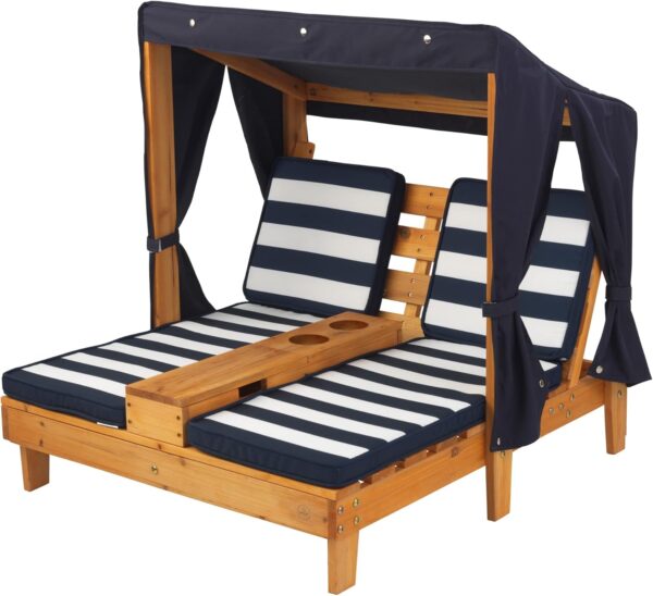 KidKraft Double Garden Sun Lounger for Kids with Canopy and Cushions, Wooden Garden Chairs, Outdoor Garden Furniture For Children, Navy & White, 00524 - Image 2