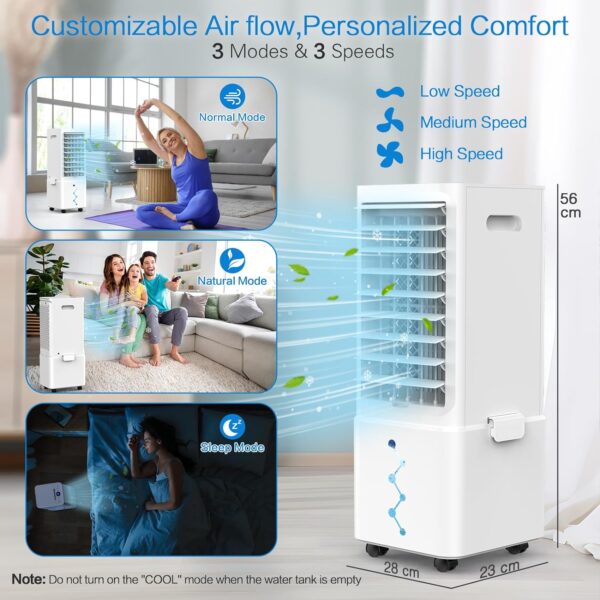 Raofuo Evaporative Air Cooler, 65W Mobile Air Conditioner 60° Oscillation 3 Modes/Wind Speeds Removable 10L Tank 12H Timer Low Noise w/Remote Control 2 Ice Box Cooling Fan for Home, Bedroom, Office - Image 6