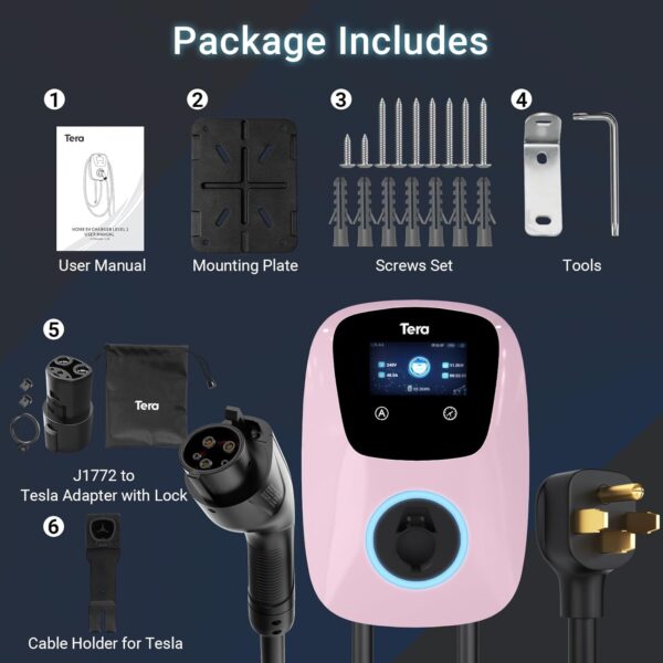 Tera Electric Vehicle Charger for Tesla: J1772 EVs ETL Certified Level 2 48 40 Amp 240 Volt Tesla Home EVSE with Manual Setting Amps Schedule on Unit NEMA 14-50 25 FT Cable W01 Pink - Image 9