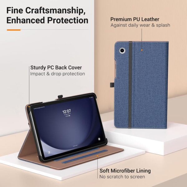 MoKo Case for Samsung Galaxy Tab A9 8.7-Inch 2023 (SM-X110/SM-X115/SM-X117), Premium PU Leather Multi-Angle Viewing Folding Stand Cover Case with Hand Strap, Front Pocket, Denim Blue & Brown - Image 5