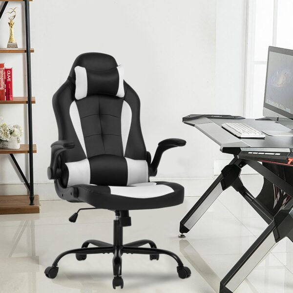 Gaming Chair Ergonomic Office Chair Desk Chair with Lumbar Support Flip Up Arms Headrest PU Leather Executive High Back Computer Chair for Adults Women Men (White) - Image 3