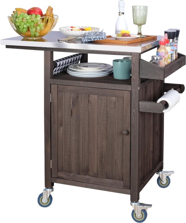 INFANZIA Outdoor Grill Cart Table Pizza Oven Trolley with Wheels Solid Wood Kitchen Units with Storage for Outside, Garden Serving Cart Cooking Table with Stainless Steel Top for BBQ, Patio - Image 2