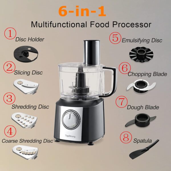 Food Processor, TopStrong 6-in-1 Food Processor and Blender with Chopping Slicing Shredding Kneading Stirring, 800W, 2 Speeds with Pulse, 2L Mixing Bowl, 3-in-1 Cutting Disc - Image 3