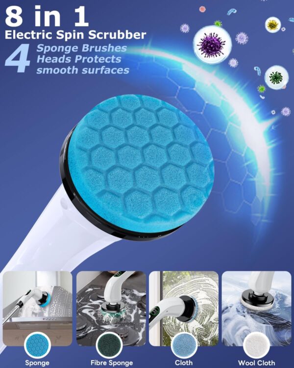 Electric Spin Scrubber, Yirilan 2023 New Cordless Shower Scrubber with 8 Replaceable Brush Heads and Adjustable Extension Handle,Power Cleaning Brush for Bathroom,Kitchen,Car,Tile,Wall,Floor,Tub,Grout - Image 7