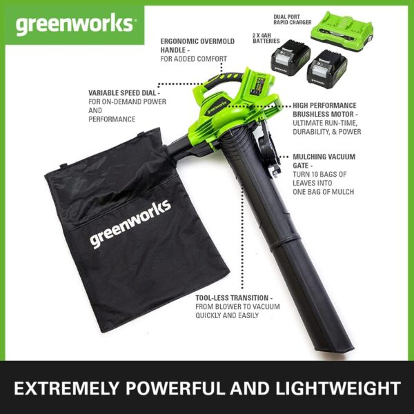 Greenworks 48V(2x24V) Cordless Leaf Blower and Vacuum with 45L Mulching Bag & Shoulder Strap, 322km/h ,9m³/min, Two 24V 4Ah Batteries & double Charger, 3 Year Guarantee GD24X2BVK4X - Image 3