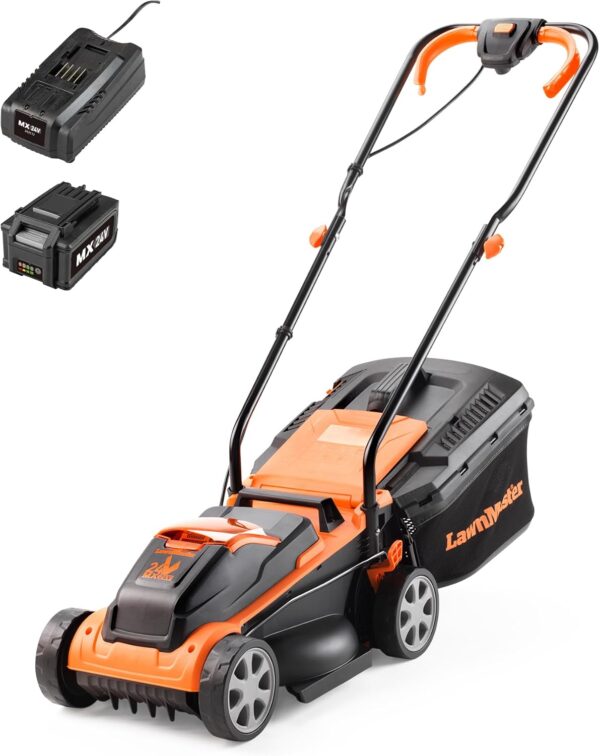 LawnMaster MX 24V 32cm Cordless Lawn Mower with 4.0Ah Battery and Fast Charger. With cut height adjust, rear roller and edging combs. For small lawns up to 150m2. Supplied with spare 32cm blade. - Image 2