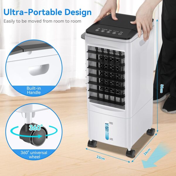 Evaporative Air Cooler, 3-IN-1 Portable Air Conditioner Humidifier Cooling Fan, 3 Speed, 60° Oscillation, Remote Control & 1-7H Timer, 60W Energy Saving Portable Space Cooler for Home Office Dorm - Image 9