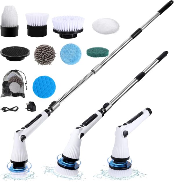 Electric Spin Scrubber, Cordless Scrubbing Brush with 8 Replaceable Brush Heads, 2 Speeds Electric Cleaning Brush with Adjustable Extension Handle for Bathtub, Kitchen, Floor,Tub, Tile - Image 2