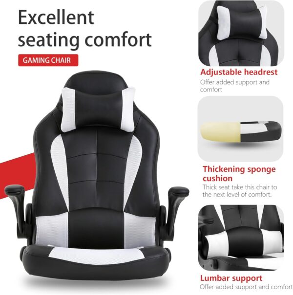 Gaming Chair Ergonomic Office Chair Desk Chair with Lumbar Support Flip Up Arms Headrest PU Leather Executive High Back Computer Chair for Adults Women Men (White) - Image 7