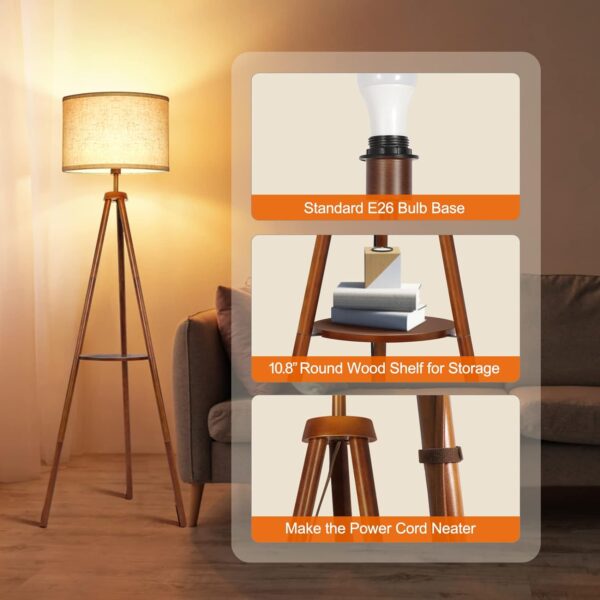 OUTON Solid Wooden Tripod Floor Lamp, Bulb Included, Standing Lamp with Remote Control, Dimmable & 4 Color Temperatures, 1H Timer, Floor Lamp with Storage Shelf Linen Shade for Living Room Bedroom - Image 5