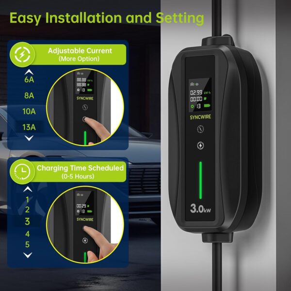 SYNCWIRE EV Charger Type 2 to UK 3 Pin 5.5m [6/8/10/13A] Portable Electric Car Type 2 EV Charging Cable with Adjustable Current, Timing Delay, LED Screen, IP66 Waterproof, with Storage Bag & Bracket - Image 3