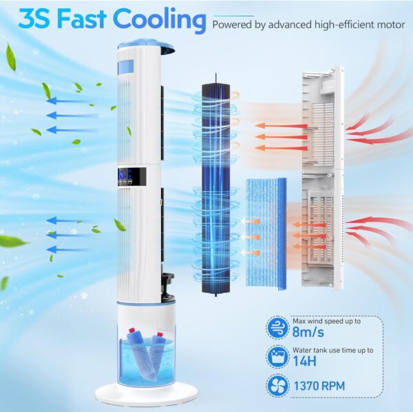 Raofuo Evaporative Air Cooler, 65W Tower Fan Air Conditioner 60° Automatic 360° Manual Oscillation 1-24H Timer 3 Speed 4 Mode 8m/s Wind w/ 4 Ice Box Remote Control Cooler for Home/Bedroom/Office - Image 3