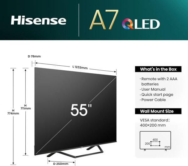 Hisense 55 Inch 4K QLED Smart TV 55A7NQTUK - Quantum Dot Colour, 4K AI Processor, Dolby Vision Atmos, Smooth Motion, Sports Mode, Vidaa OS with Freely, Youtube, Netflix and Disney+ (2024 Model) - Image 5