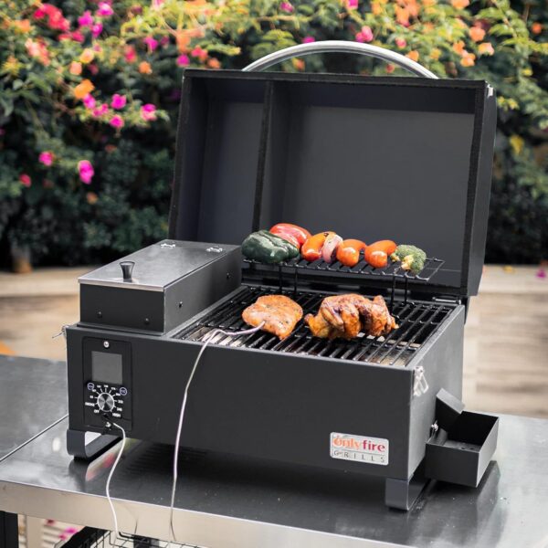 Onlyfire Upgraded Pellet Smoker BBQ Table Top Portable 8 in 1 Multi-Function Outdoor Barbecue Grill for RV Camping Tailgating with Auto Temperature Control, Meat Probe & 2 Tiers Cooking Area, Black - Image 6