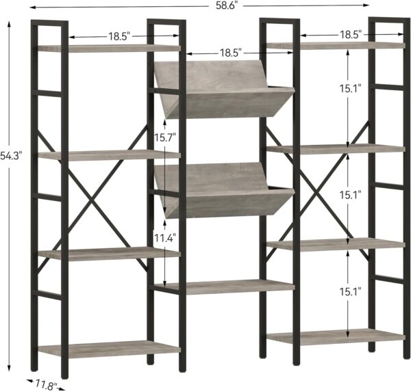 IDEALHOUSE Triple Wide 4 Tier Book Shelf, Tall Bookshelf with Open Display Shelves, Industrial Large Bookshelves and Bookcases with Metal Frame for Living Room, Bedroom, Home Office-Grey - Image 3