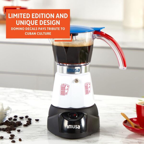 Imusa Special Edition Electric Cuba/Domino themed Espresso Maker, 3 or 6 Cups, White, Red, Blue - Image 4