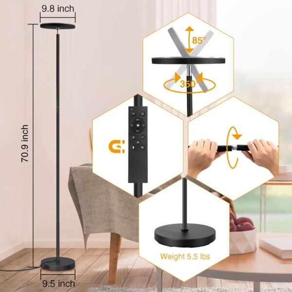 OUTON LED Uplighter Floor Lamp 30W 3000LM, Bright Modern Torchiere Dimmable Standing Lamp, Remote Touch Control & 4 Color Temperatures, 1 Hour Timer for Living Room, Bedroom, Office, Black - Image 5