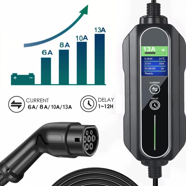 Portable Type 2 Charging Cable UK 3 pin,Adjustable Current 6/8/10/13 A, Timing Delay 1-12Hours10 Metres Digital Screen,IP65 Max Waterproof level, EV Home Ev Charger Type 2 - Image 3