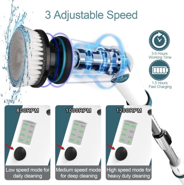 Electric Spin Scrubber - 1200RPM Shower Scrubber Cordless Cleaning Brush with 2 Packs Battery&Charger, 8 Replacement Head,3 Adjustable Extension Handle for Bathroom Tub Tile Floor - Image 3