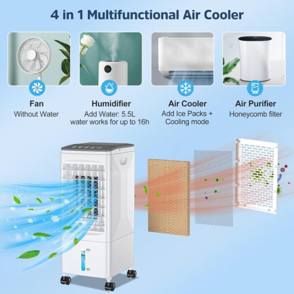 Raofuo Mobile Air Conditioner, 4 IN 1 Evaporative Air Cooler, Humidifier, Air Purifier, Fan 60W 3 Mode 7H Timer 60°/120° Oscillation 5.5L Water Tank w/Remote Control 3 Ice Box for Home/Office/Kitchen - Image 4